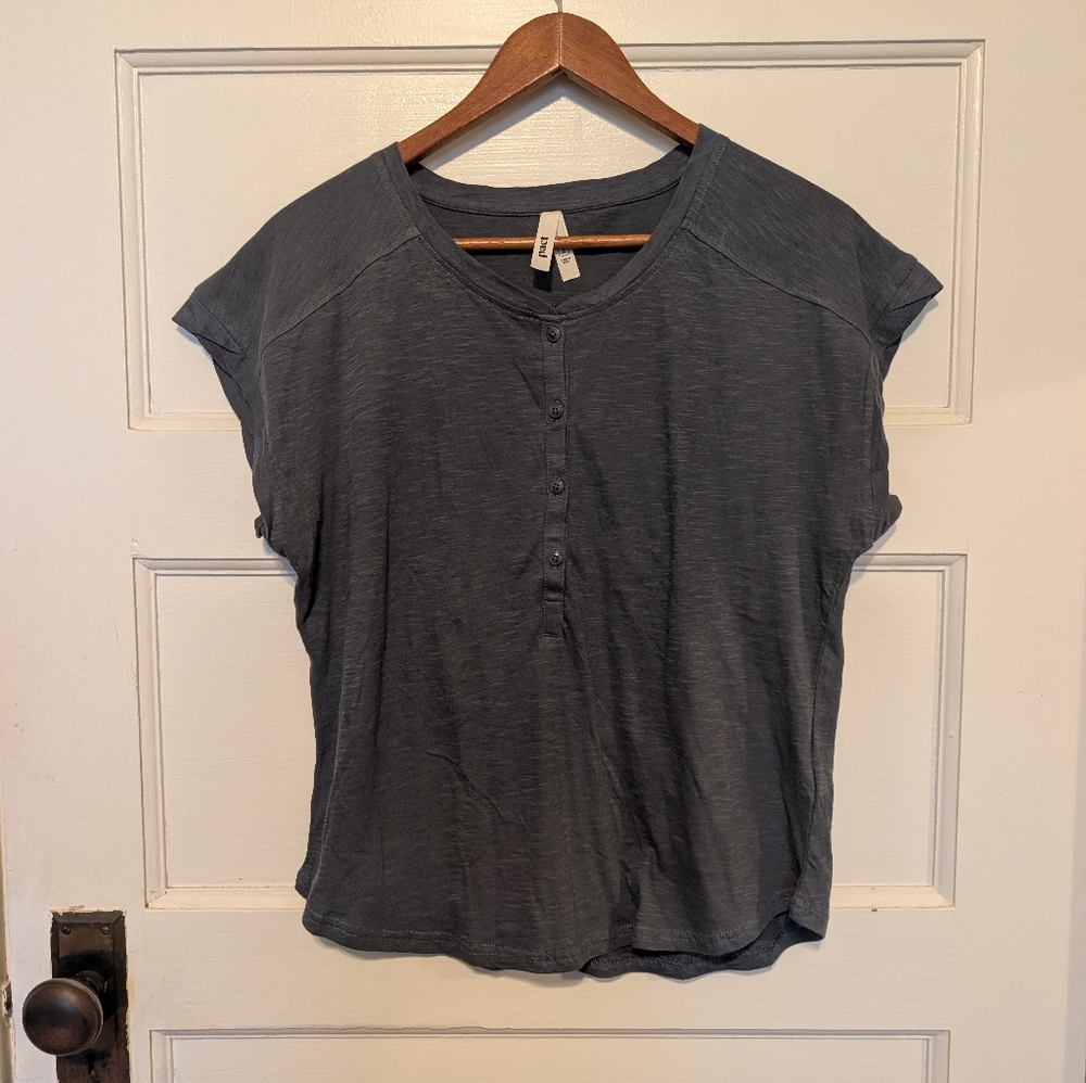 Pact Women Earthy Organic Cotton Henley Tee  Minimalist Casual Boho Dusky Blue